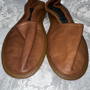 VINTAGE EVANS DEERSKIN PULL ON FOLDING TRAVEL SLIPPERS USA MADE MEN'S US 9